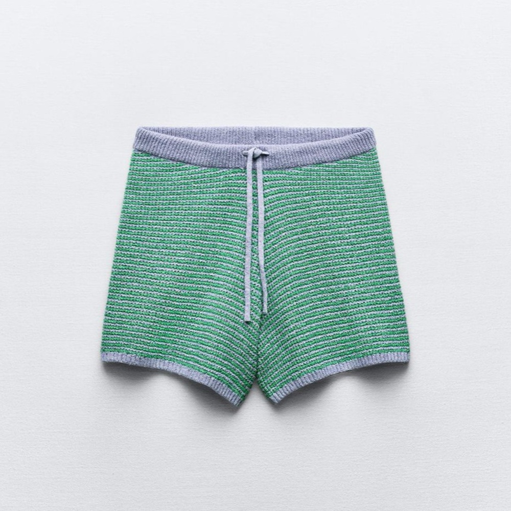 Zara high-waisted knit shorts green blue striped small cover up crochet 6427/042